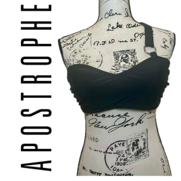Y2K APOSTROPHE BIKINI TOP BRALETTE CRISSCROSS STRAP SZ L BLACK /PADDINGS BEACHY - Picture 1 of 16